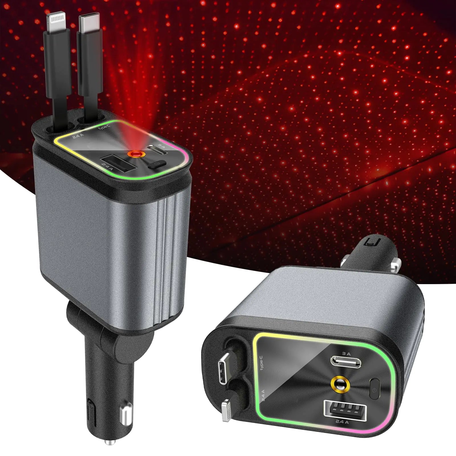 Cozy 4-in-1 Retractable Car Charger: Fast USB-C Adapter, compatible with iPhone and Android