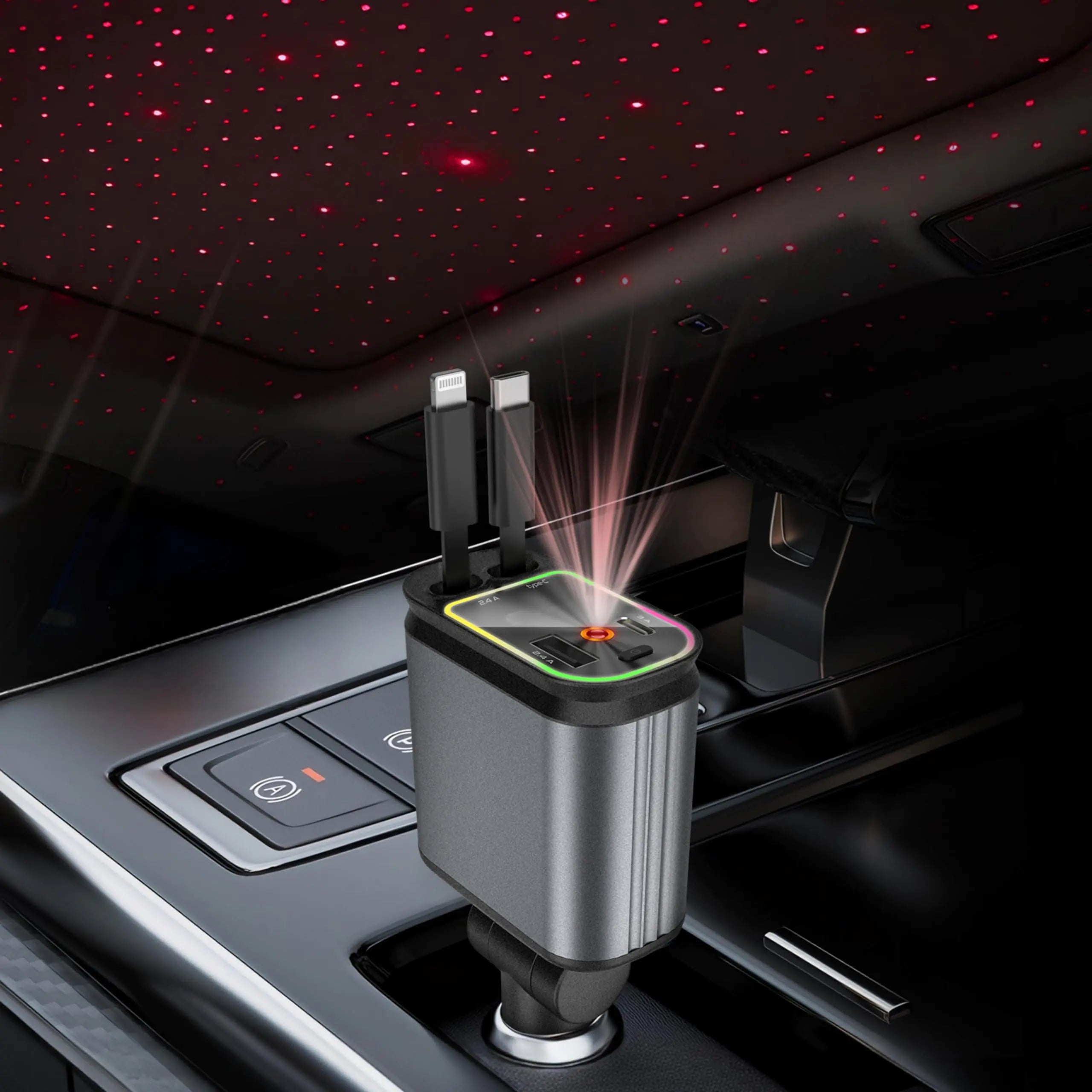 Cozy 4-in-1 Retractable Car Charger: Fast USB-C Adapter, compatible with iPhone and Android