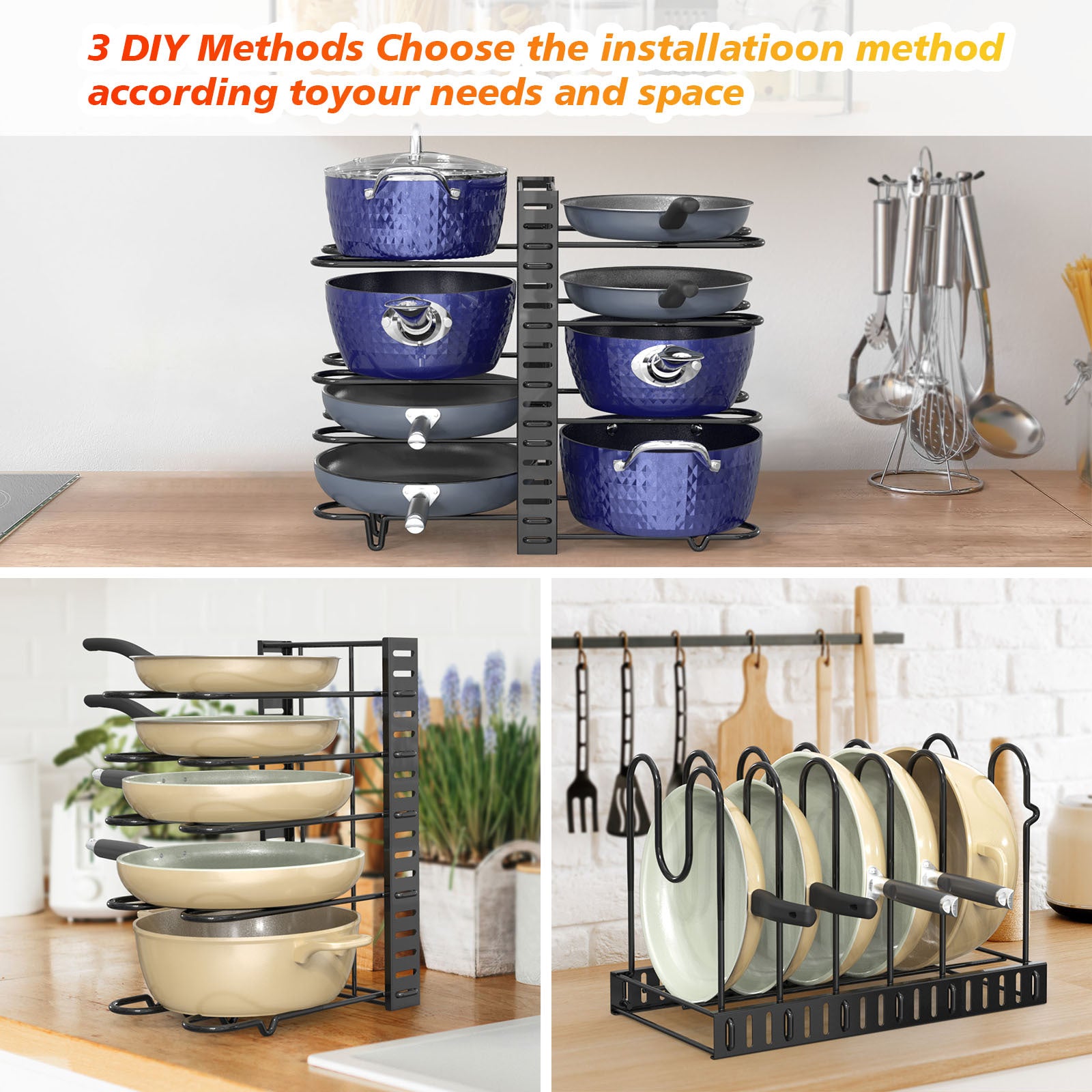 Adjustable 8-Tier Pot and Pan Organizer with Lid Holders