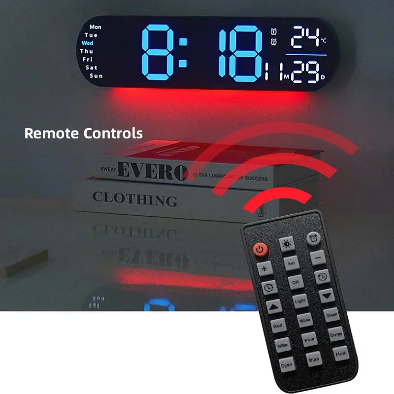 13.78 Inch Remote Control Digital Wall Clock Mood Lighting Timing Countdown 2 Alarm Auto Dimmer DST Plug in Use LED Alarm Clock